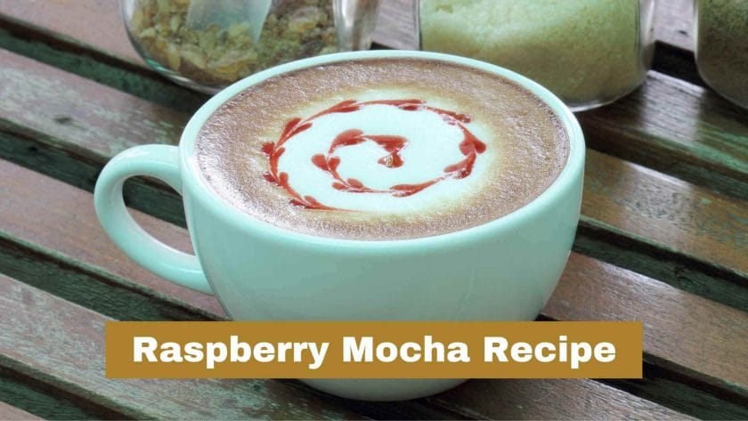 Photo of a Raspberry Mocha, with raspberry topping. Raspberry Mocha Recipe.