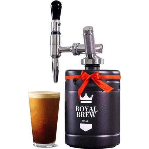 Photo of a black Royal Brew Nitro Cold Brew Keg with a glass of nitro cold brew coffee that just finished being poured.