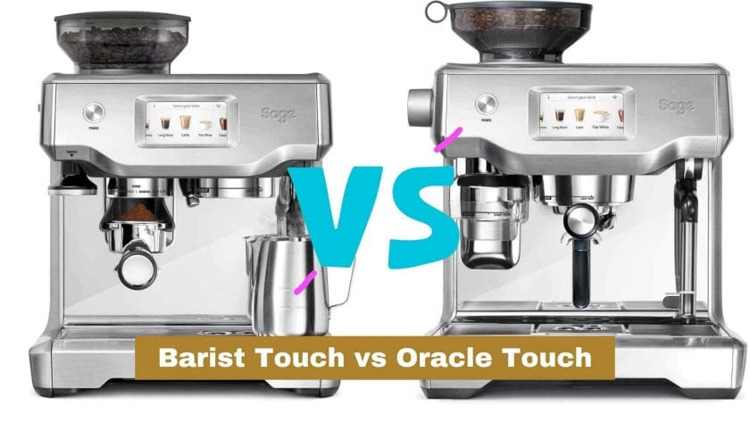 Photo of a silver stainless steel Barista Touch on the left and a silver stainless steel Oracle Touch on the right. Barist Touch vs Oracle Touch