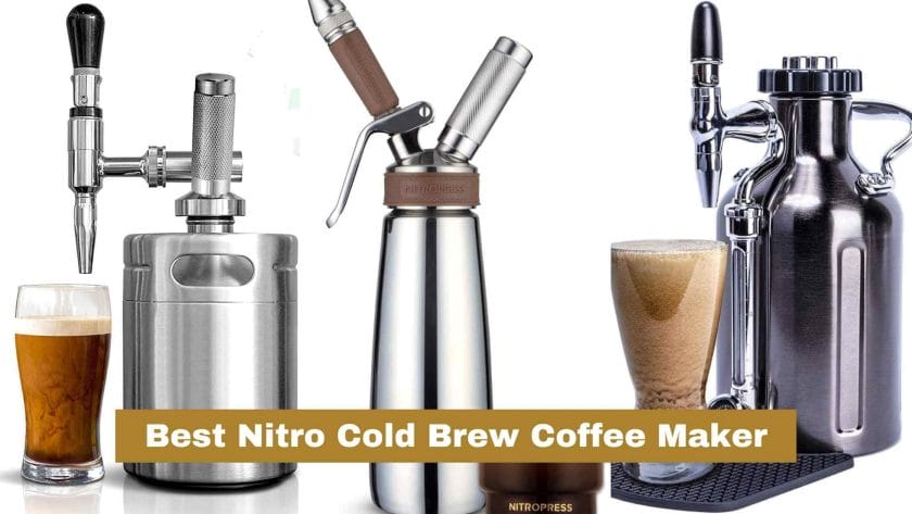 Photo with three different Cold Brew Coffee Makers. A GrowlerWerks uKeg, a Hatfields London Nitropress and a Nutrichef keg. Best Nitro Cold Brew Coffee Maker.