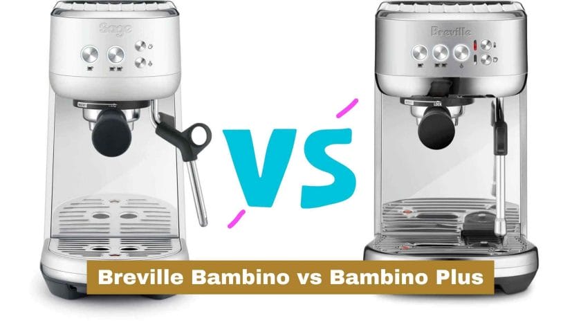 Photo of a silver Breville Bambino on the left and a silver Breville Bambino plus on the right. Breville Bambino vs Bambino Plus