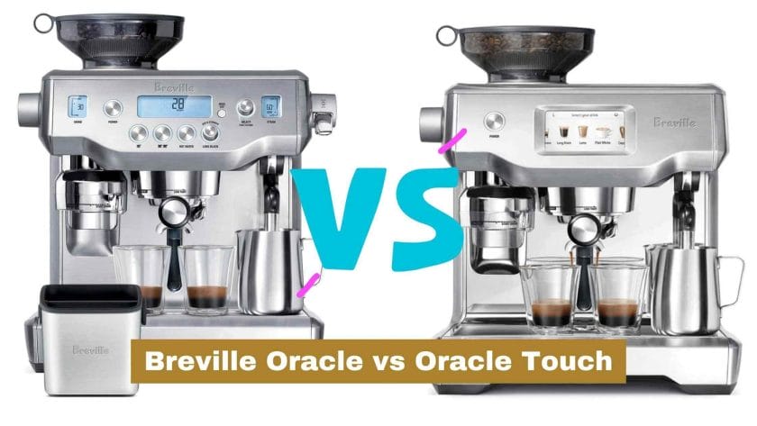 Photo of a silver Breville Oracle on the left and a silver Breville Oracle touch on the right. Breville Oracle vs Oracle Touch.