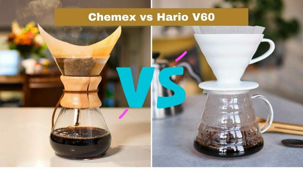 Photo of a Chemex on the left and a Hario V60 on the right, both brweing coffee. Chemex vs V60