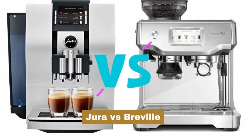 Photo of a silver stainless steel Jura coffee machine on the left, and a silver stainless steel Breville coffee machine on the right. Jura vs Breville.