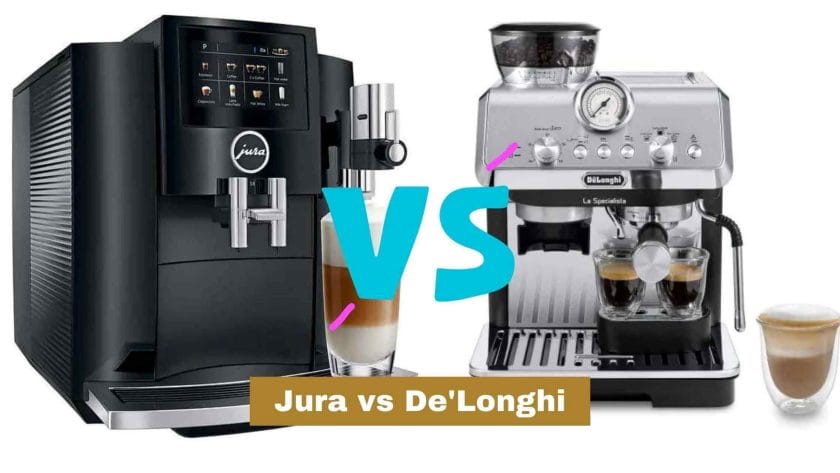 Photo of a black Jura coffee machine on the left and a silver De'Longhi coffee maker on the right. Jura vs De'Longhi.