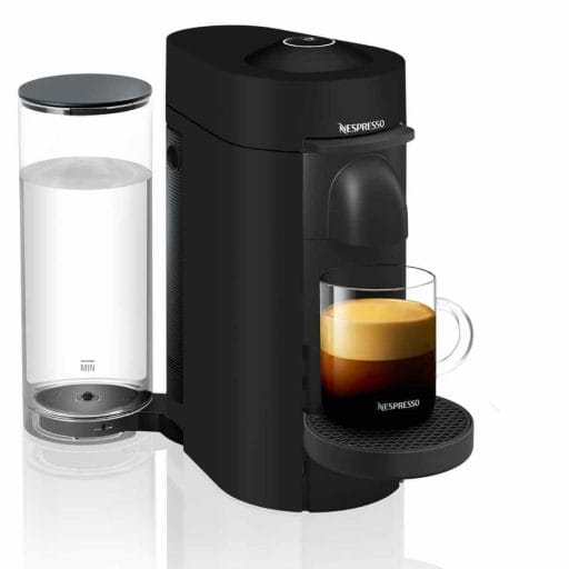 Photo of a black Nespresso Vertuo Plus making a coffee.