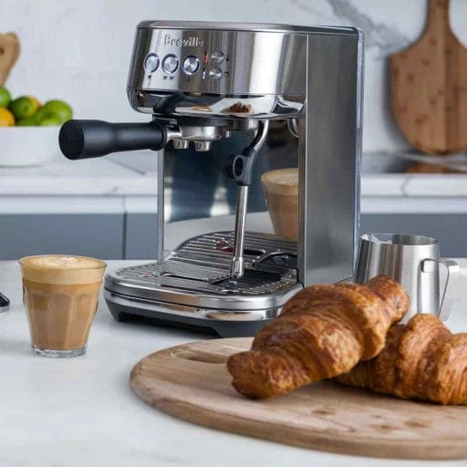 Photo of a Breville Bambino Plus with a latte and croissants on the countertop.