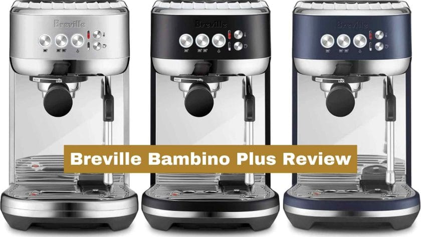 Photo with three different colors of the Breville Bambino Plus, silver, dark gray, and dark blue. Breville Bambino Plus Review.