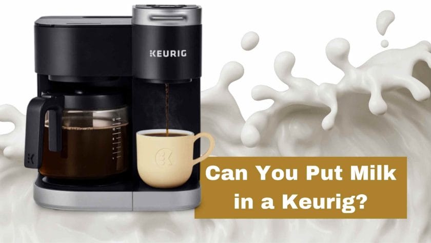 Photo of a Keurig coffee maker with a background milk wave. Can You Put Milk in a Keurig?