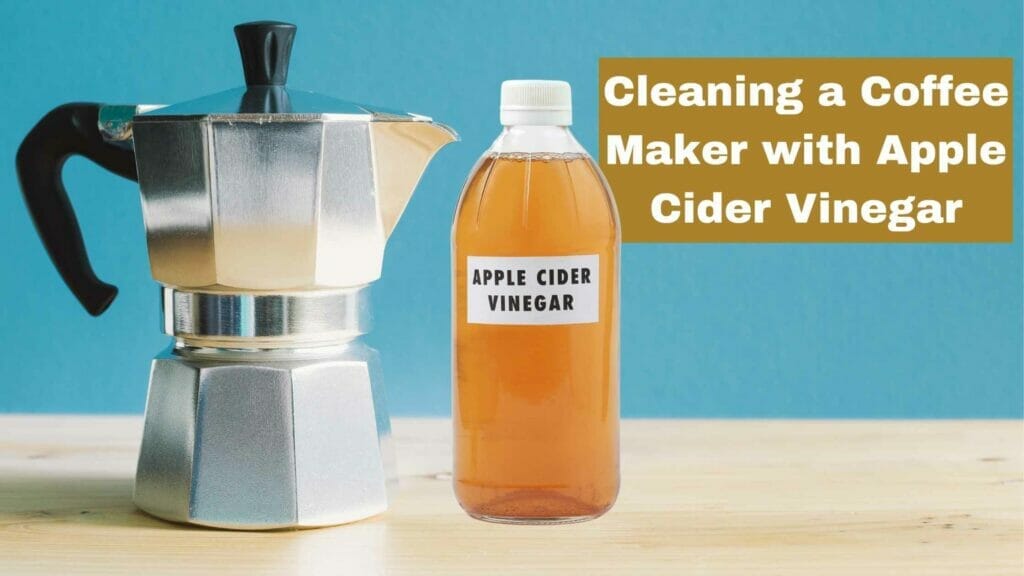 Photo of a coffee maker and apple cider vinegar bottle by its side. Cleaning Coffee Maker with Apple Cider Vinegar.