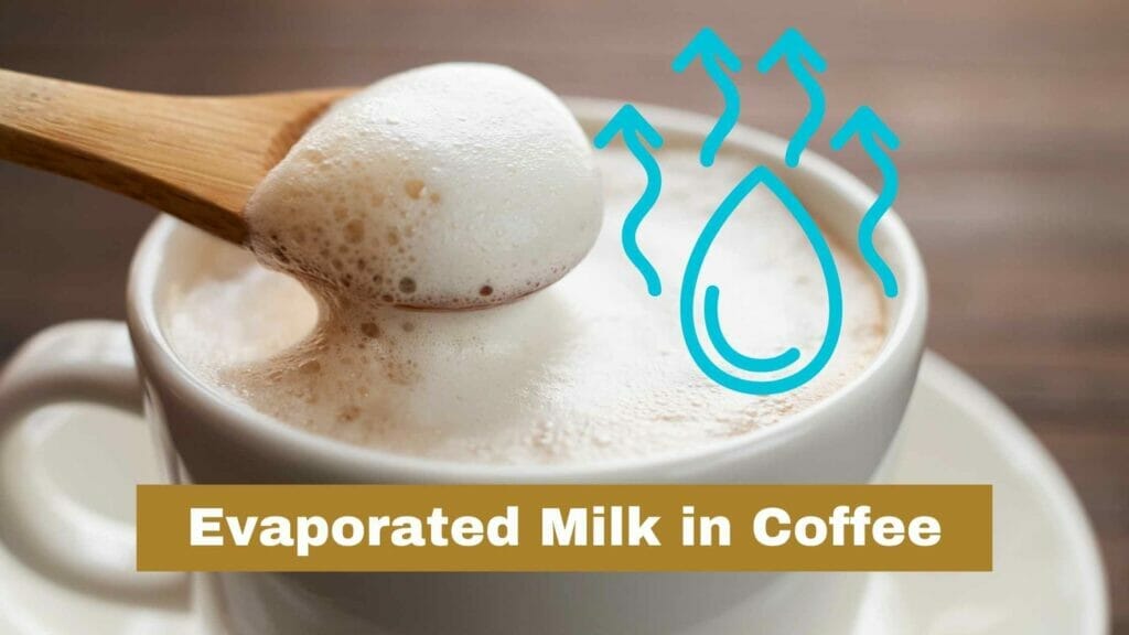 Photo of a cappuccino and a wooden spoon picking its foam and an evaporagion symbol. Evaporated Milk in Coffee.