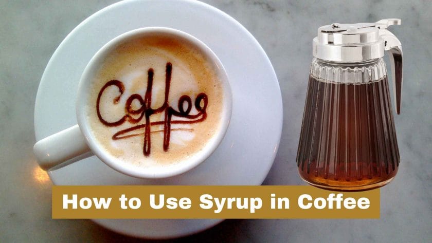 Photo of a cup of coffee with drawed words saying coffee and a bottle of syrup by its side. How to Use Syrup in Coffee.