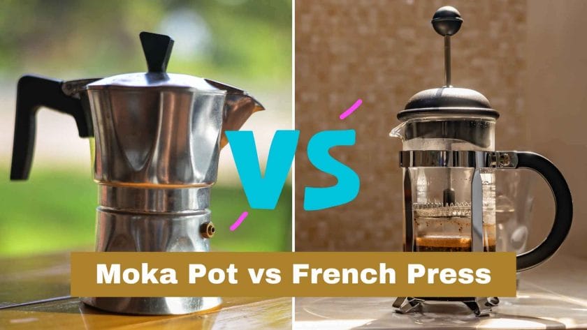 Photo of a moka pot on the left and a french press on the right with word on top saying Moka Pot vs French Press.
