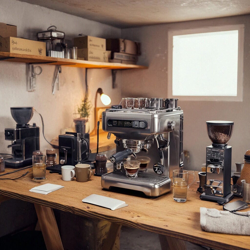 Coffee testing bench with an espresso machine, two grinders, coffee beans, cups, and brewing tools set up on a wooden worktable.